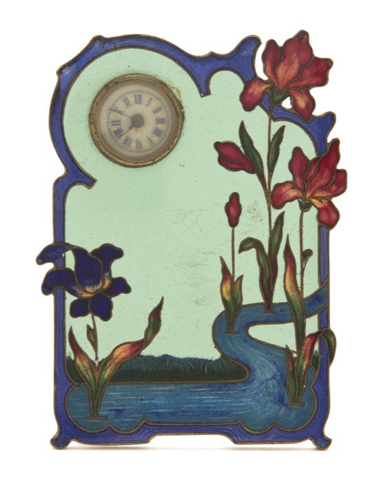 An Art Nouveau Enameled Brass Desk Clock