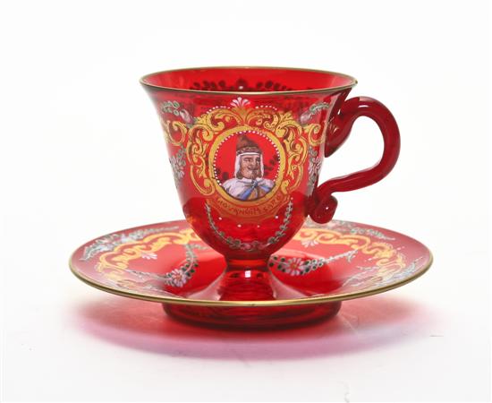 A Murano Enameled Glass Cup and Saucer