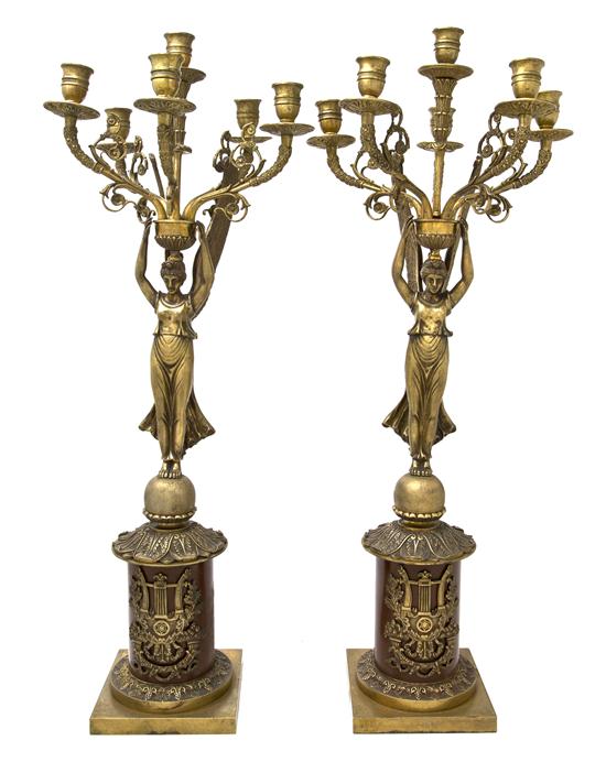 A Pair of Empire Style Gilt Bronze Six-Light