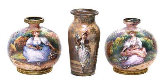 Three French Enameled Copper Vases comprising