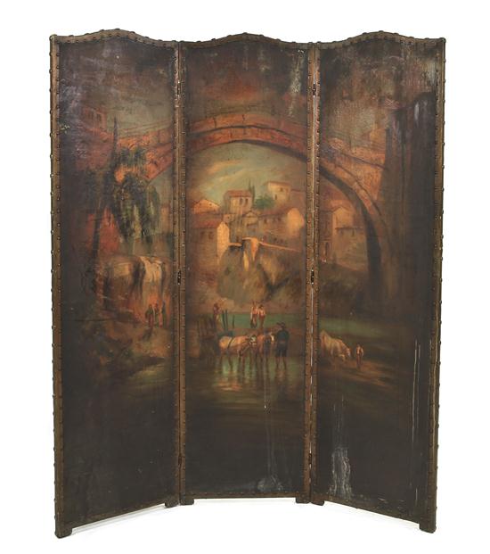 A Continental Painted Leather Three Panel 151793