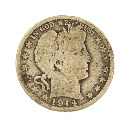 * A 1914 U.S. Barber Silver Half Dollar.