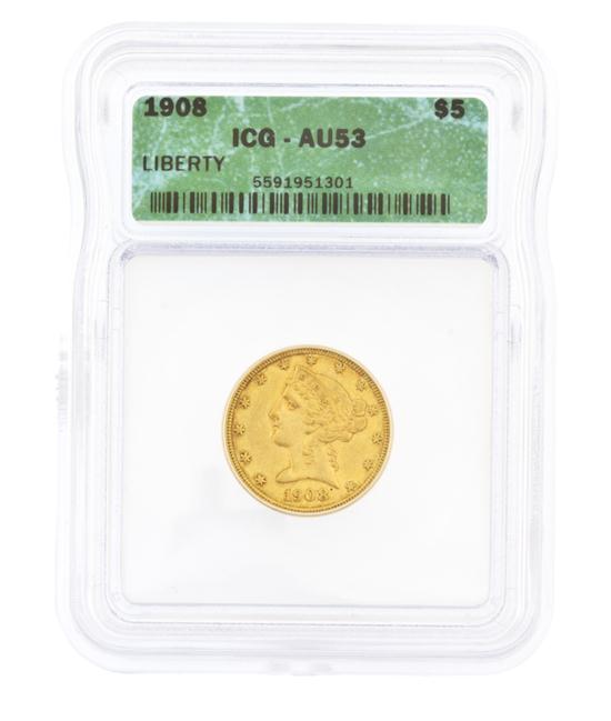* A 1908 U.S. $5 Liberty Gold Coin