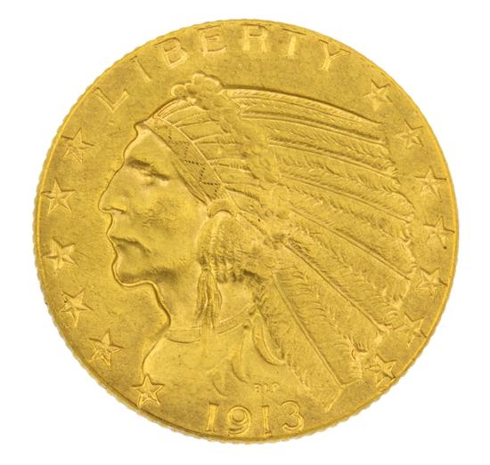 * A 1913 U.S. $5 Indian Gold Coin.
