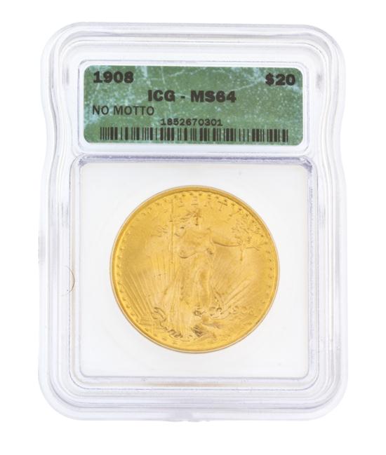 * A 1908 U.S. $20 St. Gaudens Uncirculated