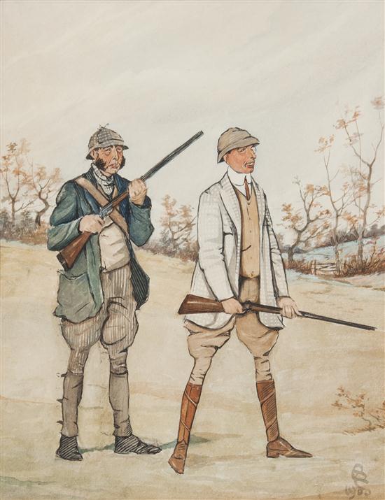 Artist Unknown Two Hunters watercolor 154a95