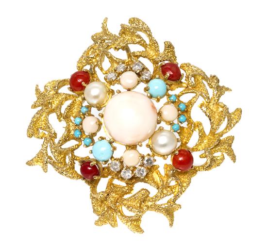 A 14 Karat Yellow Gold Coral Turquoise