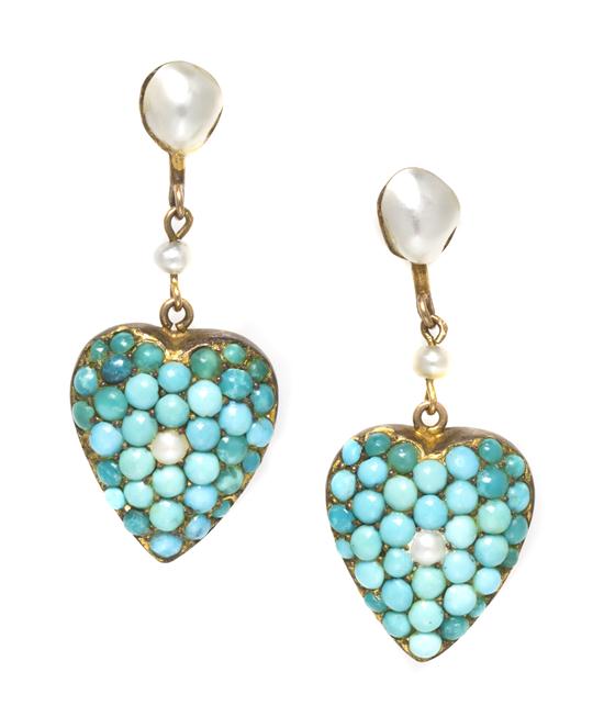 A Pair of Antique Yellow Gold Turquoise