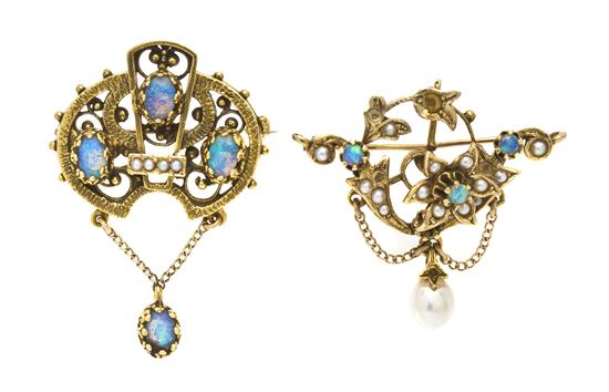 A Pair of Gold Opal and Pearl Brooches