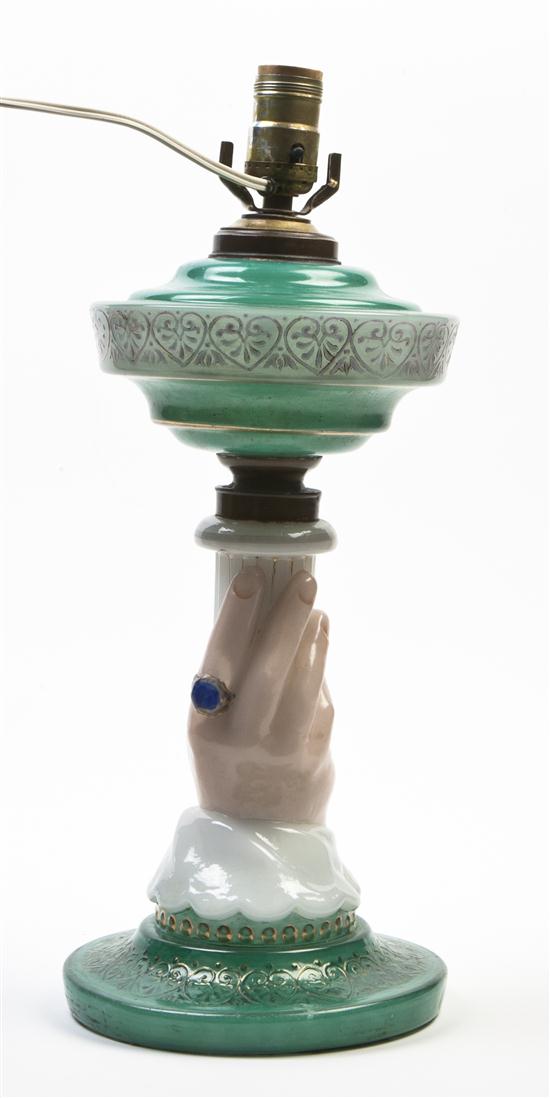 A Molded and Opaline Glass Fluid Lamp