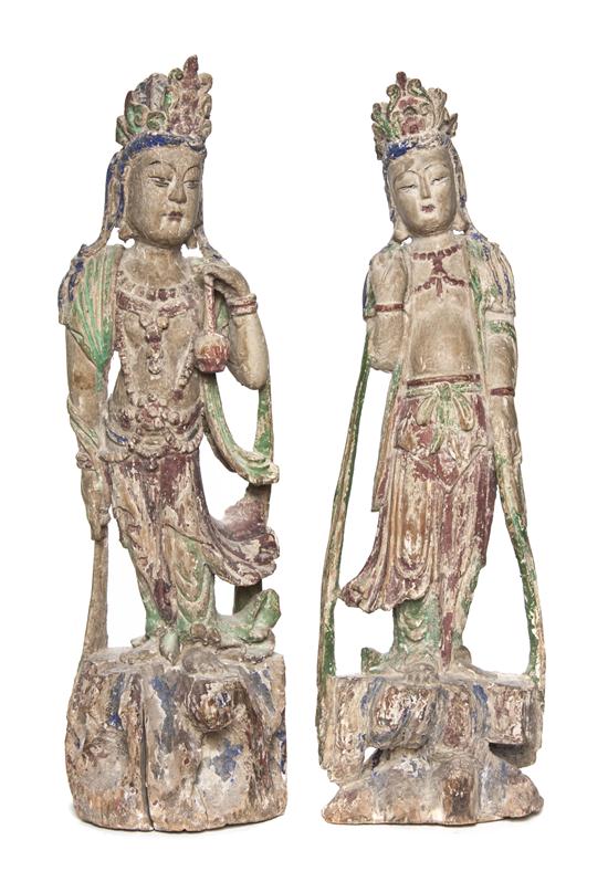 Two Carved Wood and Gesso Guanyin