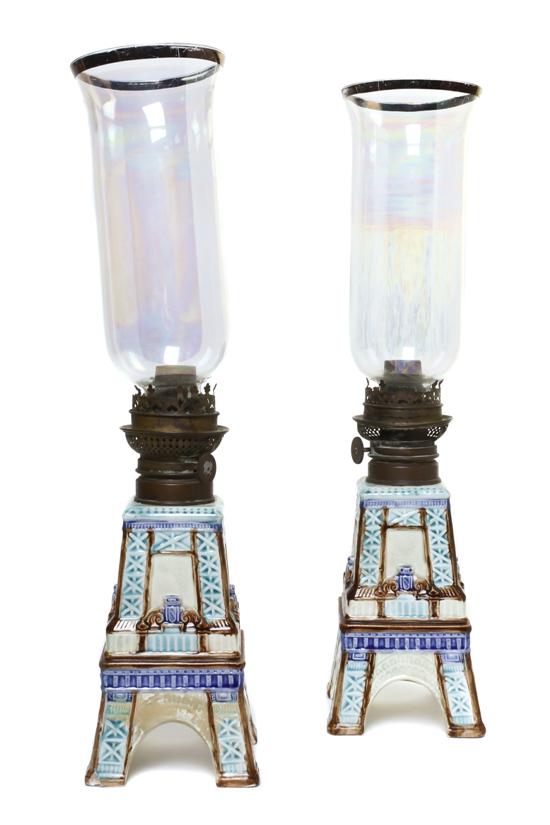 A Pair of Majolica Oil Lamps each