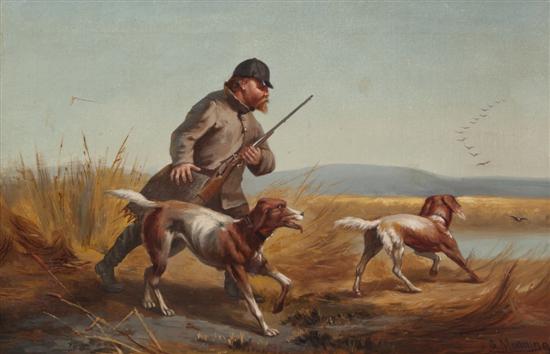 G. Monning Hunter with Dogs oil