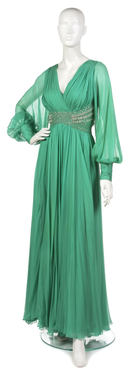 A Richilene Green Chiffon Evening Gown