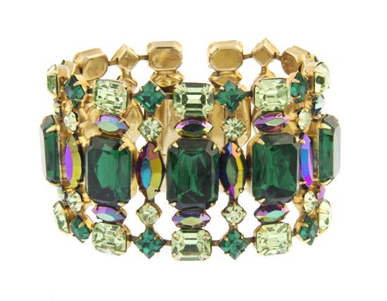 A Green and Purple Rhinestone Bracelet.