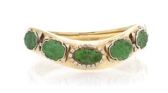 *A 14 Karat Yellow Gold Jade and Diamond