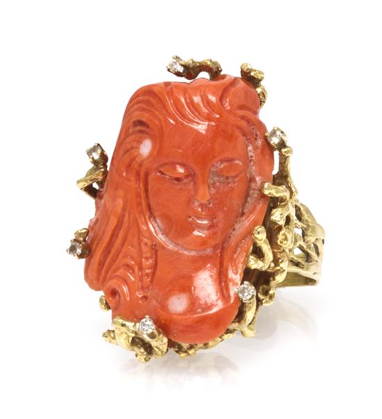 *A 14 Karat Yellow Gold Coral and