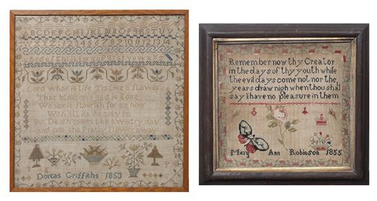 Two Needlepoint Samplers the first worked