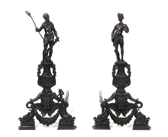 A Pair of Continental Cast Bronze Andirons