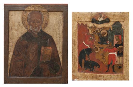 A Russian Wood Icon together with