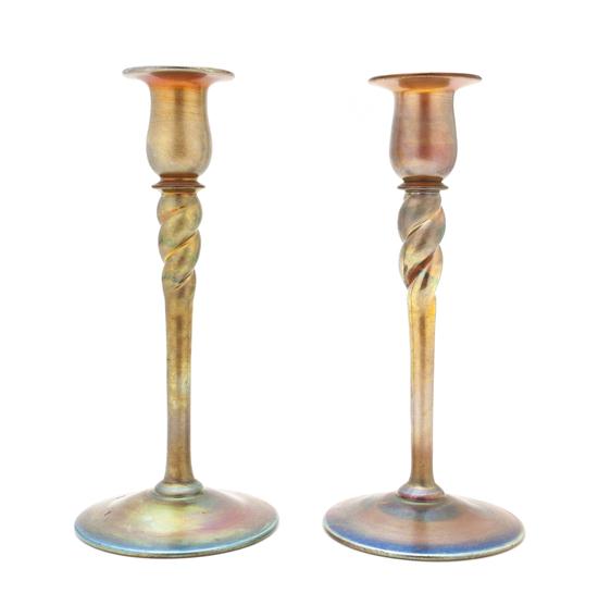 A Pair of Steuben Aurene Glass Candlesticks