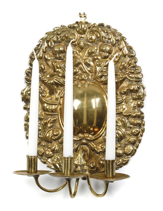 A French Three-Light Hammered Brass