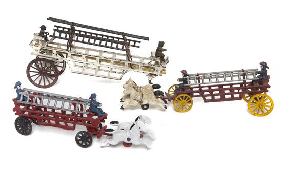 Three Cast Iron Fire trucks two with