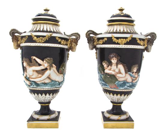 A Pair of Capodimonte Porcelain Urns