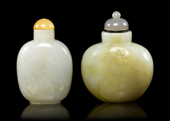 Two Jade Snuff Bottles one of compressed