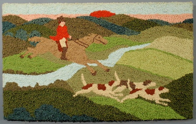 Colorful hooked rug with fox hunting