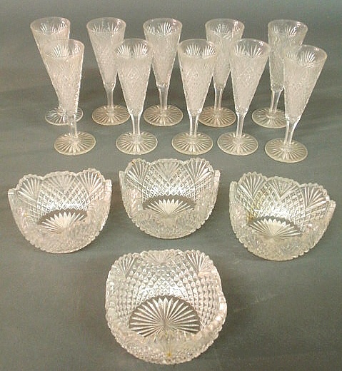 Ten cut glass champagne flutes