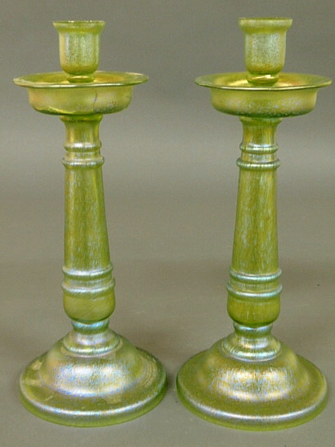 Pair of green Loetz glass candlesticks  156ce8