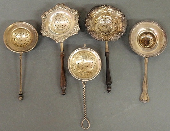 Five silver tea strainers three marked
