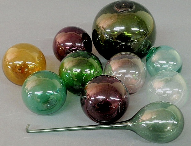 Group of nine colorful blown glass