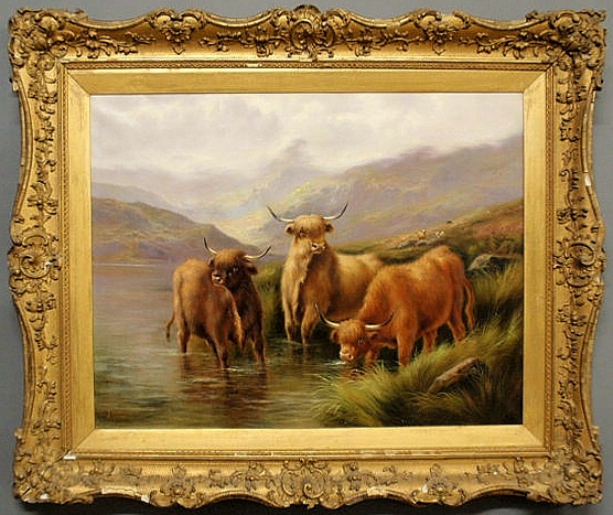 Oil on canvas painting of Highland cattle