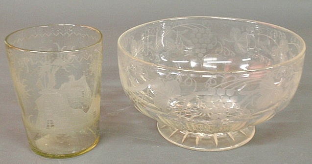 Etched blown flip glass 19th c. tumbler