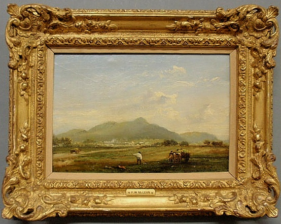 Oil on panel painting of farmers cutting