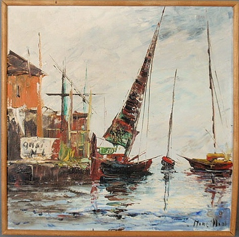 Oil on canvas painting of moored