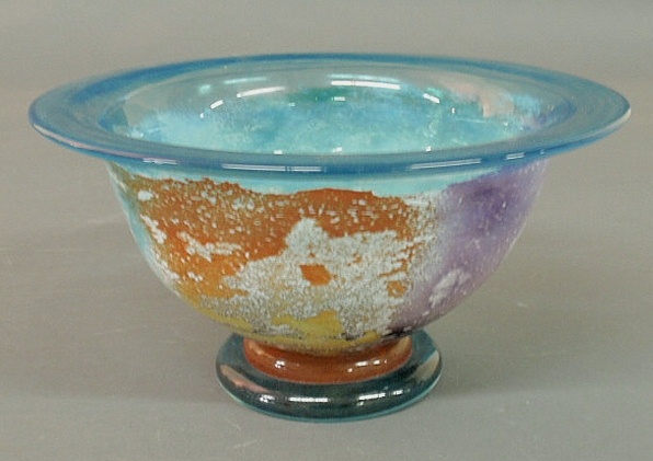 Blue art glass bowl with multicolor