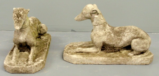 Pair of cast stone recumbent whippet