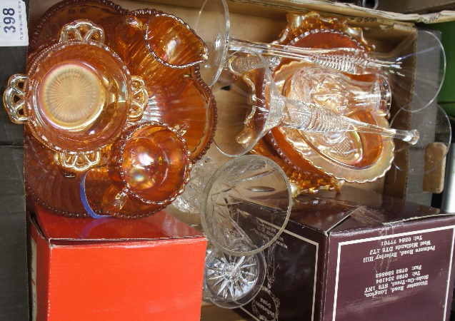 Tray of Amber Carnival Glassware Candlesticks