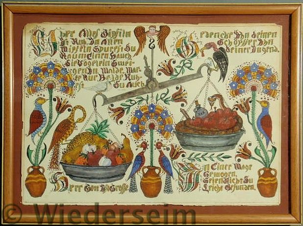 Framed colorful fraktur with verse birds