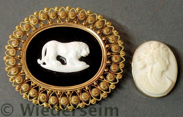 Two 14k yg cameo brooches- one