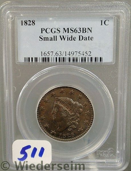 1828 Large cent MS 63