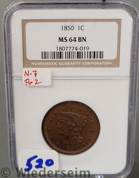 1850 Large cent MS 64