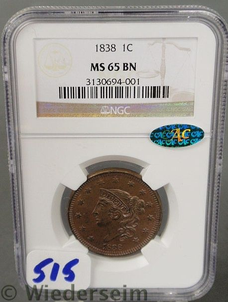 1838 Large cent MS 65 NGC 157660