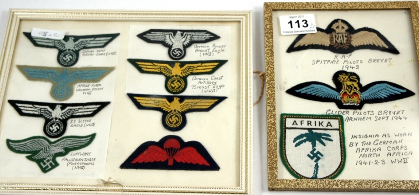 2 Framed Sets of WW2 cloth military 157735