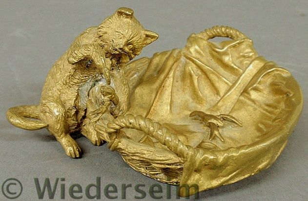 Bronze figural group of a cat and a