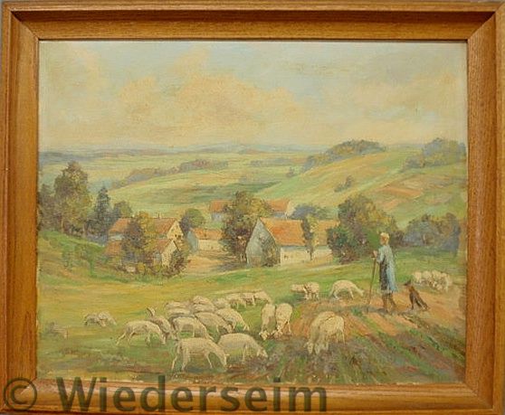 Oil on canvas painting of sheep grazing