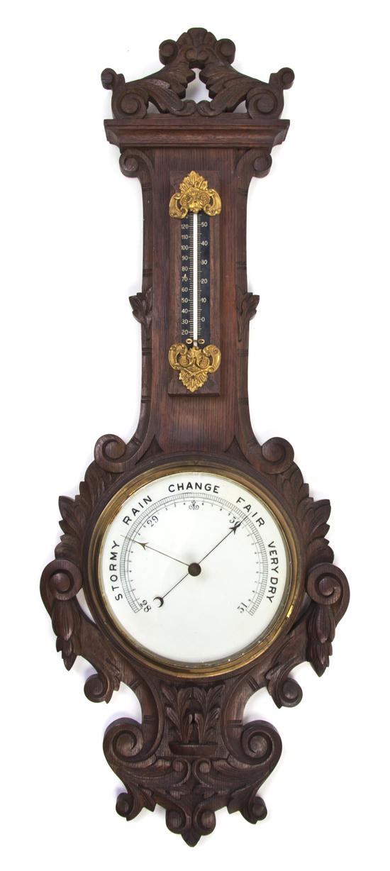 An American Carved Oak Wheel Barometer Thermometer 155ce1